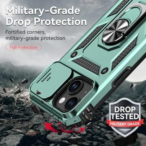 HNHYGETE для iPhone 15 с защитной пленкой HD: [Военный класс, испытание падением с высоты 20 футов] Противоударный защитный чехол для телефона с кольцом - iPhone 15, темно-зеленый - 3