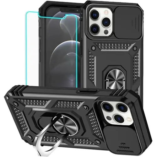 HNHYGETE for iPhone 12 Pro Max Case with Screen Protector: [Military Grade 20ft. Drop Tested] Slide Camera Cover Ring Shockproof Protective Phone Case for - iPhone 12 Pro Max (Black) - 1
