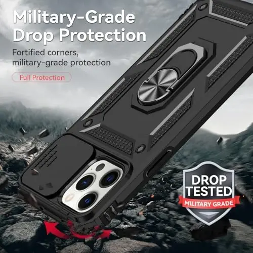 HNHYGETE for iPhone 12 Pro Max Case with Screen Protector: [Military Grade 20ft. Drop Tested] Slide Camera Cover Ring Shockproof Protective Phone Case for - iPhone 12 Pro Max (Black) - 3