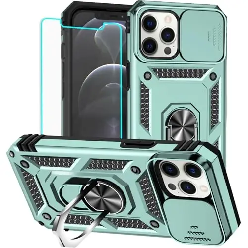 HNHYGETE for iPhone 12 Pro Max Case with Screen Protector: [Military Grade 20ft. Drop Tested] Slide Camera Cover Ring Shockproof Protective Phone Case for - iPhone 12 Pro Max (Dark Green) - 1