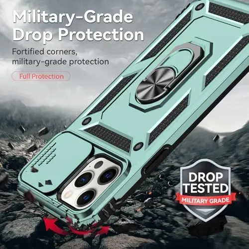HNHYGETE for iPhone 12 Pro Max Case with Screen Protector: [Military Grade 20ft. Drop Tested] Slide Camera Cover Ring Shockproof Protective Phone Case for - iPhone 12 Pro Max (Dark Green) - 3