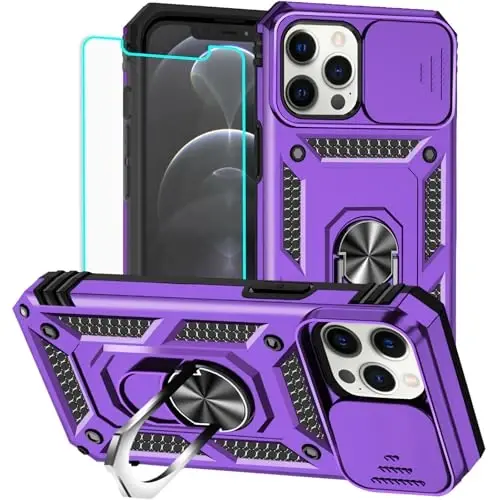 HNHYGETE for iPhone 12 Pro Max Case with Screen Protector: [Military Grade 20ft. Drop Tested] Slide Camera Cover Ring Shockproof Protective Phone Case for - iPhone 12 Pro Max (Purple) - 1