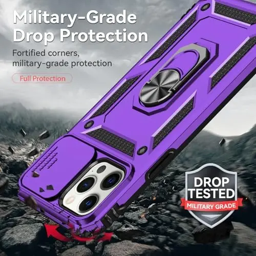 HNHYGETE for iPhone 12 Pro Max Case with Screen Protector: [Military Grade 20ft. Drop Tested] Slide Camera Cover Ring Shockproof Protective Phone Case for - iPhone 12 Pro Max (Purple) - 3