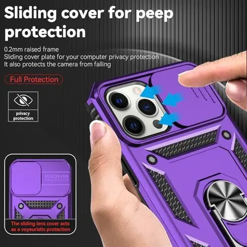 HNHYGETE for iPhone 12 Pro Max Case with Screen Protector: [Military Grade 20ft. Drop Tested] Slide Camera Cover Ring Shockproof Protective Phone Case for - iPhone 12 Pro Max (Purple) - 4