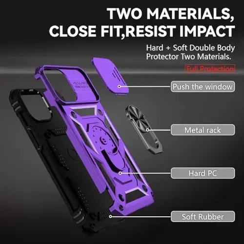 HNHYGETE for iPhone 12 Pro Max Case with Screen Protector: [Military Grade 20ft. Drop Tested] Slide Camera Cover Ring Shockproof Protective Phone Case for - iPhone 12 Pro Max (Purple) - 5