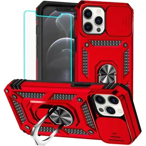 HNHYGETE for iPhone 12 Pro Max Case with Screen Protector: [Military Grade 20ft. Drop Tested] Slide Camera Cover Ring Shockproof Protective Phone Case for - iPhone 12 Pro Max (Red) - HNHYGETE