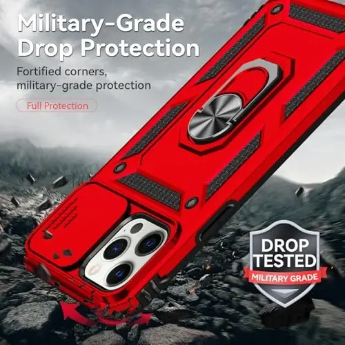 HNHYGETE for iPhone 12 Pro Max Case with Screen Protector: [Military Grade 20ft. Drop Tested] Slide Camera Cover Ring Shockproof Protective Phone Case for - iPhone 12 Pro Max (Red) - 3