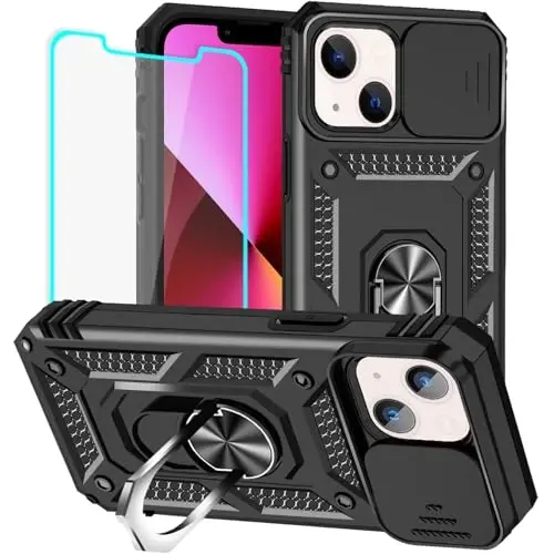 HNHYGETE for iPhone 13 Case with HD Screen Protector: [Military Grade 20ft. Drop Tested] Slide Camera Cover Ring Shockproof Protective Phone Case for - iPhone 13 (Black) - 1