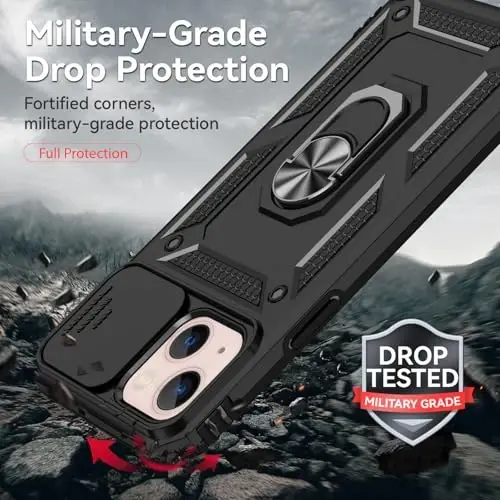 HNHYGETE for iPhone 13 Case with HD Screen Protector: [Military Grade 20ft. Drop Tested] Slide Camera Cover Ring Shockproof Protective Phone Case for - iPhone 13 (Black) - 3