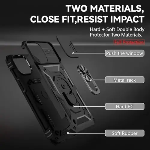 HNHYGETE for iPhone 13 Case with HD Screen Protector: [Military Grade 20ft. Drop Tested] Slide Camera Cover Ring Shockproof Protective Phone Case for - iPhone 13 (Black) - 5