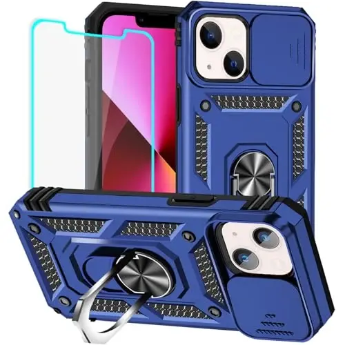 HNHYGETE for iPhone 13 Case with HD Screen Protector: [Military Grade 20ft. Drop Tested] Slide Camera Cover Ring Shockproof Protective Phone Case for - iPhone 13 (Blue) - 1