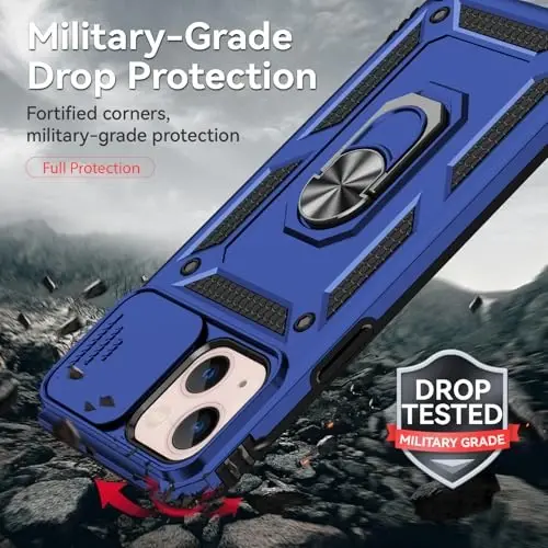 HNHYGETE for iPhone 13 Case with HD Screen Protector: [Military Grade 20ft. Drop Tested] Slide Camera Cover Ring Shockproof Protective Phone Case for - iPhone 13 (Blue) - 3