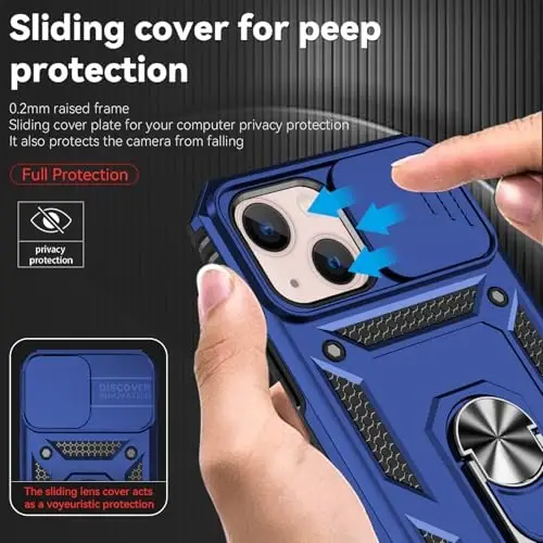 HNHYGETE for iPhone 13 Case with HD Screen Protector: [Military Grade 20ft. Drop Tested] Slide Camera Cover Ring Shockproof Protective Phone Case for - iPhone 13 (Blue) - 4