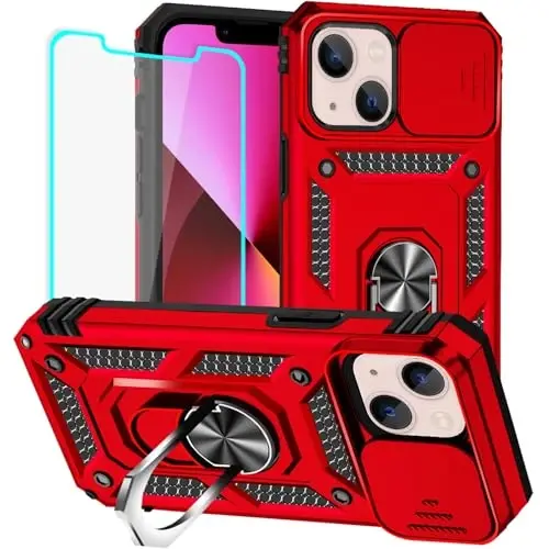 HNHYGETE for iPhone 13 Case with HD Screen Protector: [Military Grade 20ft. Drop Tested] Slide Camera Cover Ring Shockproof Protective Phone Case for - iPhone 13 (Red) - 1
