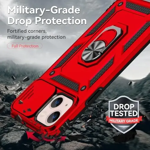 HNHYGETE for iPhone 13 Case with HD Screen Protector: [Military Grade 20ft. Drop Tested] Slide Camera Cover Ring Shockproof Protective Phone Case for - iPhone 13 (Red) - 3