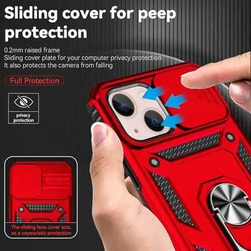 HNHYGETE for iPhone 13 Case with HD Screen Protector: [Military Grade 20ft. Drop Tested] Slide Camera Cover Ring Shockproof Protective Phone Case for - iPhone 13 (Red) - 4
