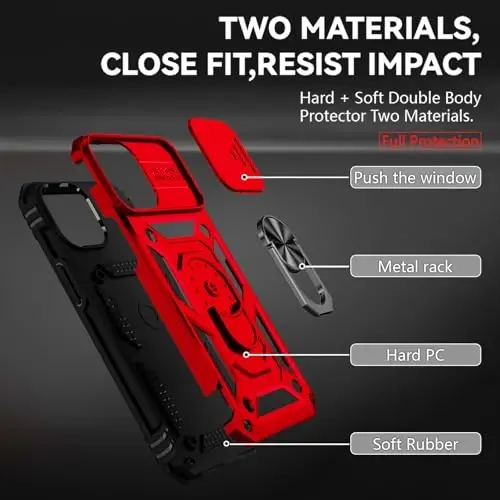 HNHYGETE for iPhone 13 Case with HD Screen Protector: [Military Grade 20ft. Drop Tested] Slide Camera Cover Ring Shockproof Protective Phone Case for - iPhone 13 (Red) - 5