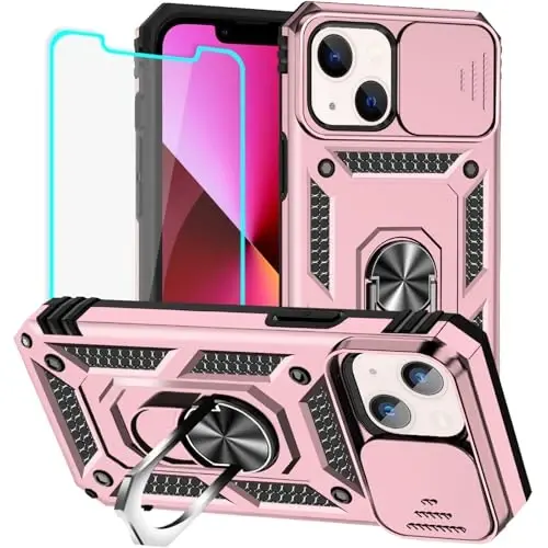 HNHYGETE for iPhone 13 Case with HD Screen Protector: [Military Grade 20ft. Drop Tested] Slide Camera Cover Ring Shockproof Protective Phone Case for - iPhone 13 (Rose Gold) - 1