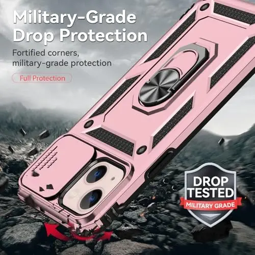 HNHYGETE for iPhone 13 Case with HD Screen Protector: [Military Grade 20ft. Drop Tested] Slide Camera Cover Ring Shockproof Protective Phone Case for - iPhone 13 (Rose Gold) - 3