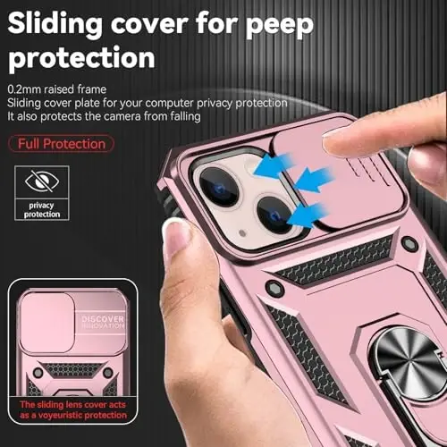 HNHYGETE for iPhone 13 Case with HD Screen Protector: [Military Grade 20ft. Drop Tested] Slide Camera Cover Ring Shockproof Protective Phone Case for - iPhone 13 (Rose Gold) - 4
