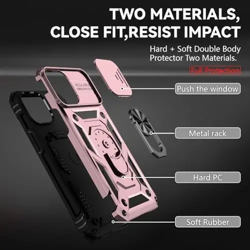 HNHYGETE for iPhone 13 Case with HD Screen Protector: [Military Grade 20ft. Drop Tested] Slide Camera Cover Ring Shockproof Protective Phone Case for - iPhone 13 (Rose Gold) - 5