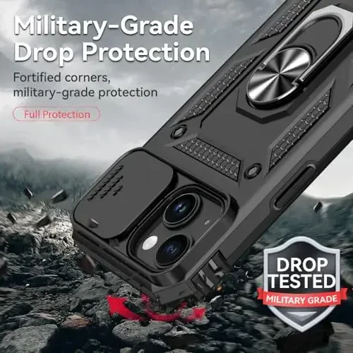 HNHYGETE for iPhone 15 Case, iPhone 15 Phone Case with HD Screen Protector: [Military Grade 20ft. Drop Tested] Ring Shockproof Protective Phone Case for - iPhone 15 Black - 3