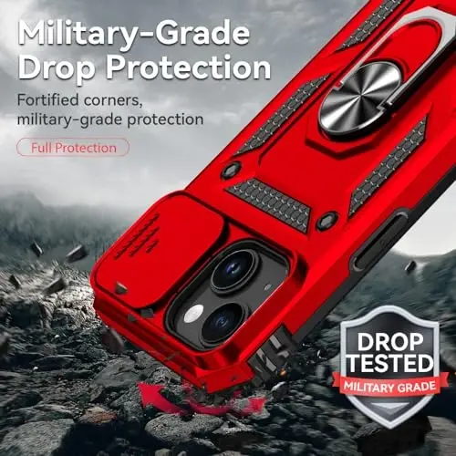 HNHYGETE for iPhone 15 Case with HD Screen Protector: [Harbiy darajadagi 20 fut.dan tushish sinovidan o'tgan] Ring zarbaga chidamli himoya telefon qutisi - iPhone 15 Red uchun - 3