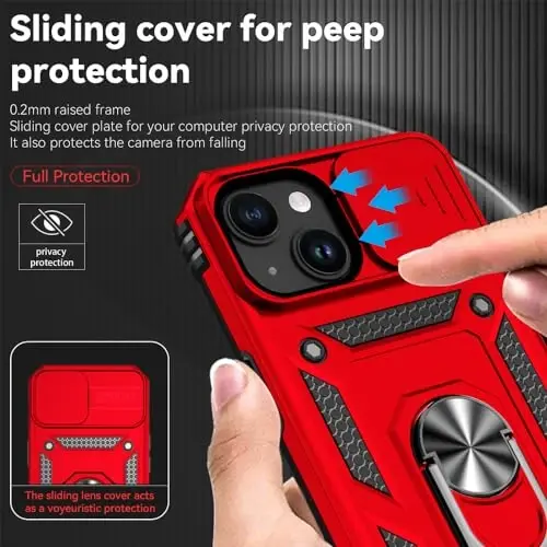 HNHYGETE for iPhone 15 Case with HD Screen Protector: [Harbiy darajadagi 20 fut.dan tushish sinovidan o'tgan] Ring zarbaga chidamli himoya telefon qutisi - iPhone 15 Red uchun - 4
