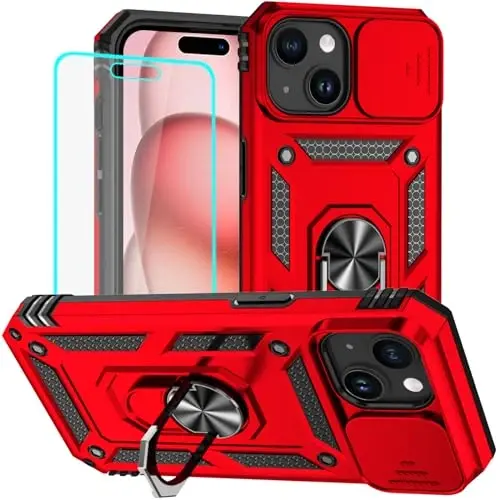 HNHYGETE for iPhone 15 Case with HD Screen Protector: [Harbiy darajadagi 20 fut.dan tushish sinovidan o'tgan] Ring zarbaga chidamli himoya telefon qutisi - iPhone 15 Red uchun - HNHYGETE