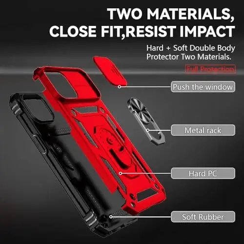 HNHYGETE for iPhone 15 Case with HD Screen Protector: [Harbiy darajadagi 20 fut.dan tushish sinovidan o'tgan] Ring zarbaga chidamli himoya telefon qutisi - iPhone 15 Red uchun - 5