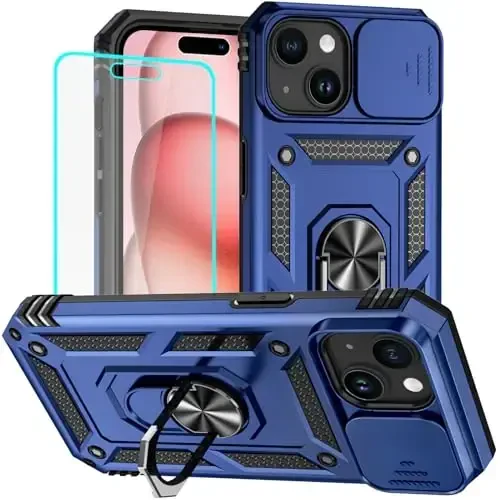 HNHYGETE for iPhone 15 Case with HD Screen Protector: [Military Grade 20ft. Drop Tested] Ring Shockproof Protective Phone Case for - iPhone 15 Blue 