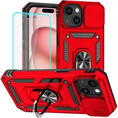 HNHYGETE for iPhone 15 Case with HD Screen Protector: [Military Grade 20ft. Drop Tested] Ring Shockproof Protective Phone Case for - iPhone 15 Red - 1
