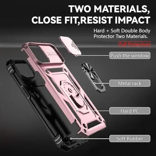 HNHYGETE for iPhone 15 Case with HD Screen Protector: [Military Grade 20ft. Drop Tested] Ring Shockproof Protective Phone Case for - iPhone 15 Rose Gold - 5
