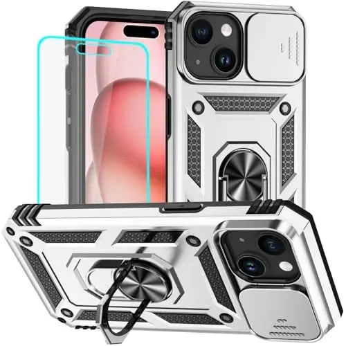HNHYGETE for iPhone 15 Case with HD Screen Protector: [Military Grade 20ft. Drop Tested] Ring Shockproof Protective Phone Case for - iPhone 15 Silver - 1