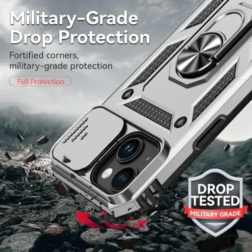 HNHYGETE for iPhone 15 Case with HD Screen Protector: [Military Grade 20ft. Drop Tested] Ring Shockproof Protective Phone Case for - iPhone 15 Silver - 3
