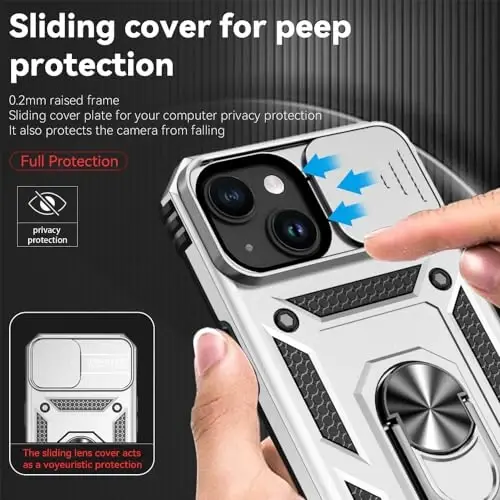 HNHYGETE for iPhone 15 Case with HD Screen Protector: [Military Grade 20ft. Drop Tested] Ring Shockproof Protective Phone Case for - iPhone 15 Silver - 4