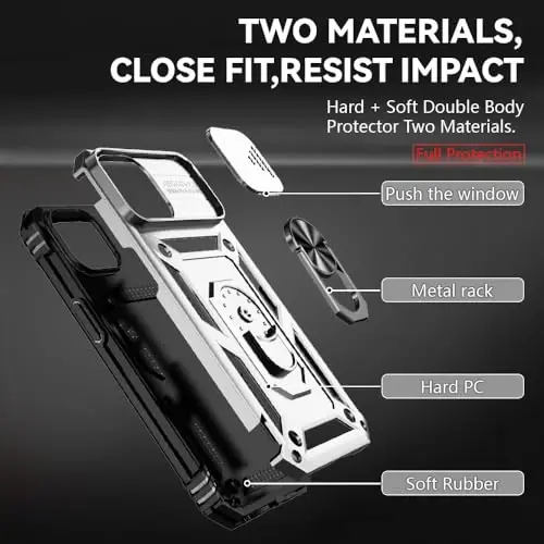 HNHYGETE for iPhone 15 Case with HD Screen Protector: [Military Grade 20ft. Drop Tested] Ring Shockproof Protective Phone Case for - iPhone 15 Silver - 5