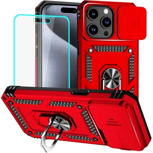 HNHYGETE for iPhone 15 Pro Case with HD Screen Protector: [Military Grade 20ft. Drop Tested] Ring Shockproof Protective Phone Case for - iPhone 15 Pro (Red) - HNHYGETE
