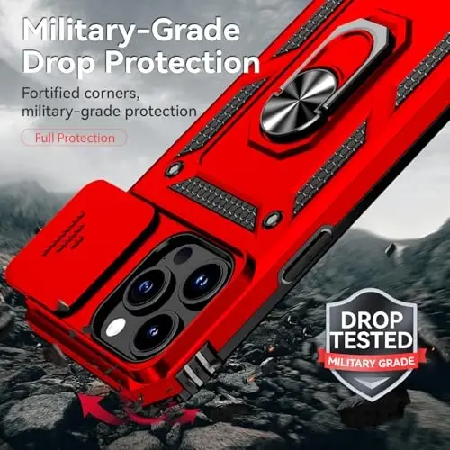 HNHYGETE for iPhone 15 Pro Case with HD Screen Protector: [Military Grade 20ft. Drop Tested] Ring Shockproof Protective Phone Case for - iPhone 15 Pro (Red) - 3