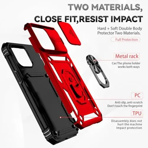 HNHYGETE for iPhone 15 Pro Case with HD Screen Protector: [Military Grade 20ft. Drop Tested] Ring Shockproof Protective Phone Case for - iPhone 15 Pro (Red) - 5