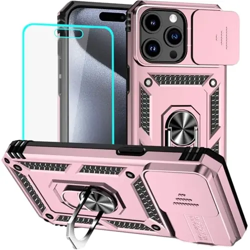 HNHYGETE for iPhone 15 Pro Case with HD Screen Protector: [Military Grade 20ft. Drop Tested] Ring Shockproof Protective Phone Case for - iPhone 15 Pro (Rose Gold) - 1