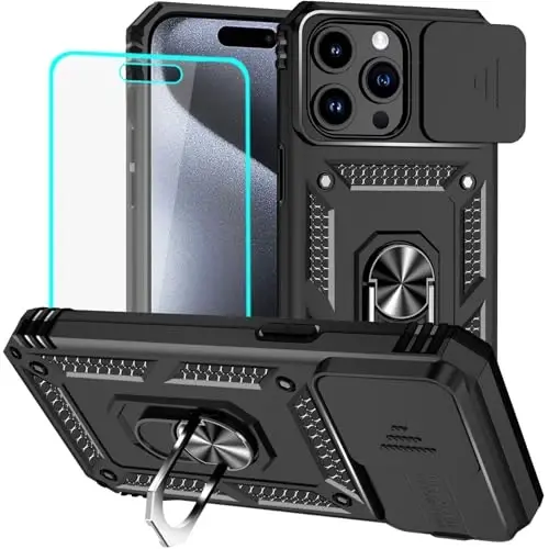 HNHYGETE for iPhone 15 Pro Case with HD Screen Protector: [Military Grade 20ft. Drop Tested] Slide Camera Cover Ring Shockproof Protective Phone Case for - iPhone 15 Pro (Black) - 1