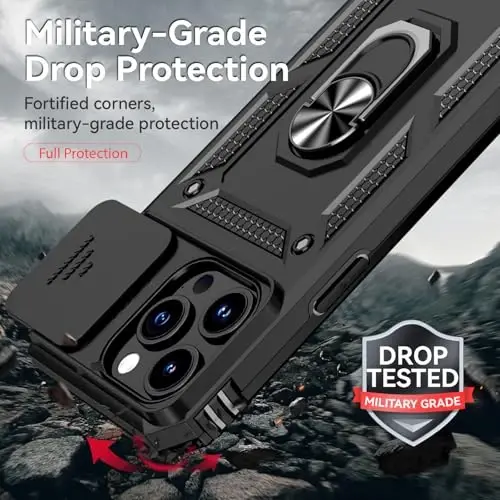 HNHYGETE for iPhone 15 Pro Case with HD Screen Protector: [Military Grade 20ft. Drop Tested] Slide Camera Cover Ring Shockproof Protective Phone Case for - iPhone 15 Pro (Black) - 3