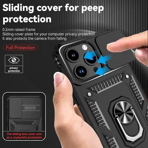 HNHYGETE for iPhone 15 Pro Case with HD Screen Protector: [Military Grade 20ft. Drop Tested] Slide Camera Cover Ring Shockproof Protective Phone Case for - iPhone 15 Pro (Black) - 4