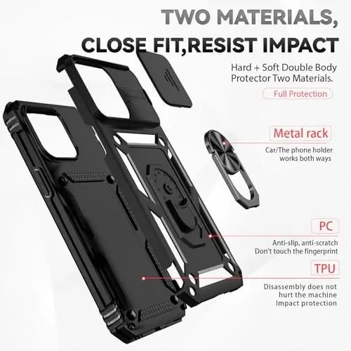 HNHYGETE for iPhone 15 Pro Case with HD Screen Protector: [Military Grade 20ft. Drop Tested] Slide Camera Cover Ring Shockproof Protective Phone Case for - iPhone 15 Pro (Black) - 5