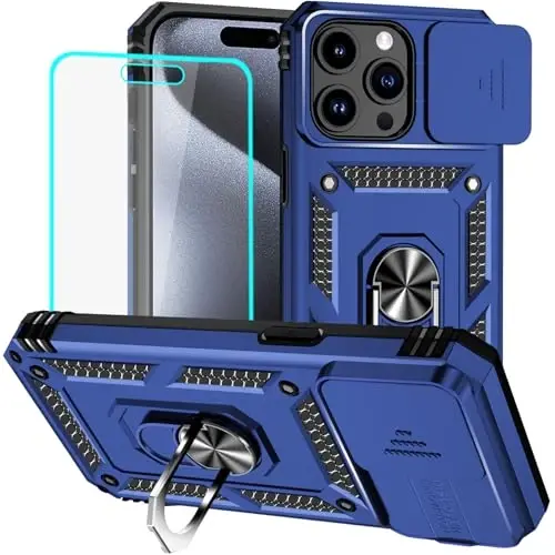 HNHYGETE for iPhone 15 Pro Case with HD Screen Protector: [Military Grade 20ft. Drop Tested] Slide Camera Cover Ring Shockproof Protective Phone Case for - iPhone 15 Pro (Blue) - 1