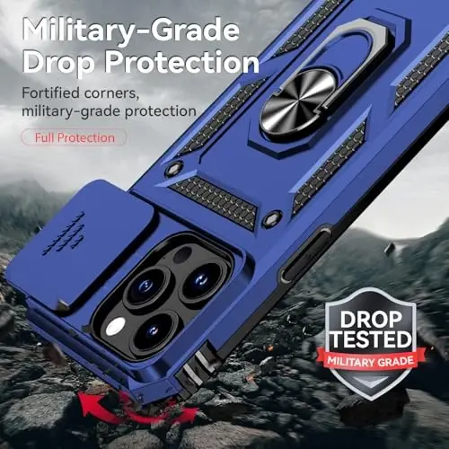 HNHYGETE for iPhone 15 Pro Case with HD Screen Protector: [Military Grade 20ft. Drop Tested] Slide Camera Cover Ring Shockproof Protective Phone Case for - iPhone 15 Pro (Blue) - 3