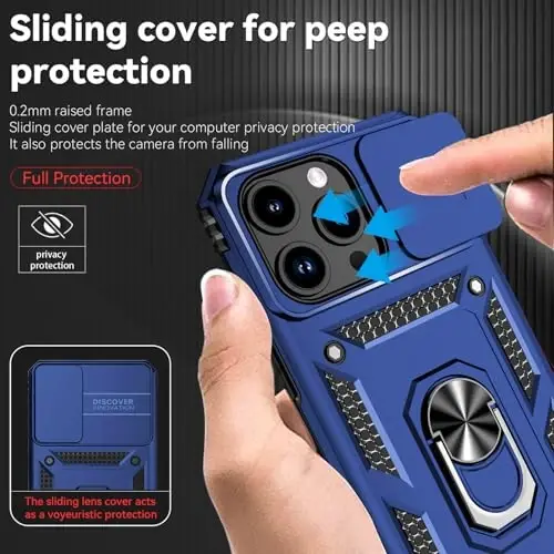 HNHYGETE for iPhone 15 Pro Case with HD Screen Protector: [Military Grade 20ft. Drop Tested] Slide Camera Cover Ring Shockproof Protective Phone Case for - iPhone 15 Pro (Blue) - 4