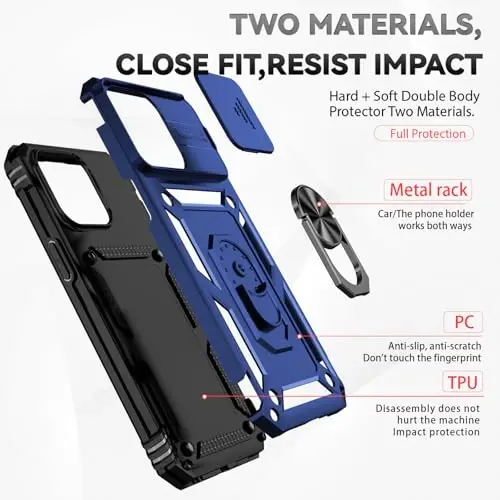 HNHYGETE for iPhone 15 Pro Case with HD Screen Protector: [Military Grade 20ft. Drop Tested] Slide Camera Cover Ring Shockproof Protective Phone Case for - iPhone 15 Pro (Blue) - 5