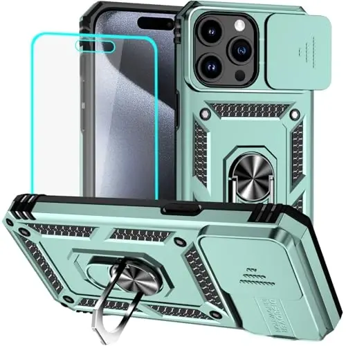 HNHYGETE for iPhone 15 Pro Case with HD Screen Protector: [Military Grade 20ft. Drop Tested] Slide Camera Cover Ring Shockproof Protective Phone Case for - iPhone 15 Pro (Dark Green) - 1